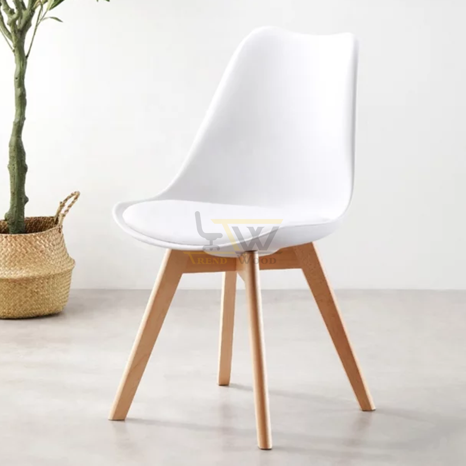 White Molded Plastic Chair side pose with Wood Legs | Stylish Seating Trendwood