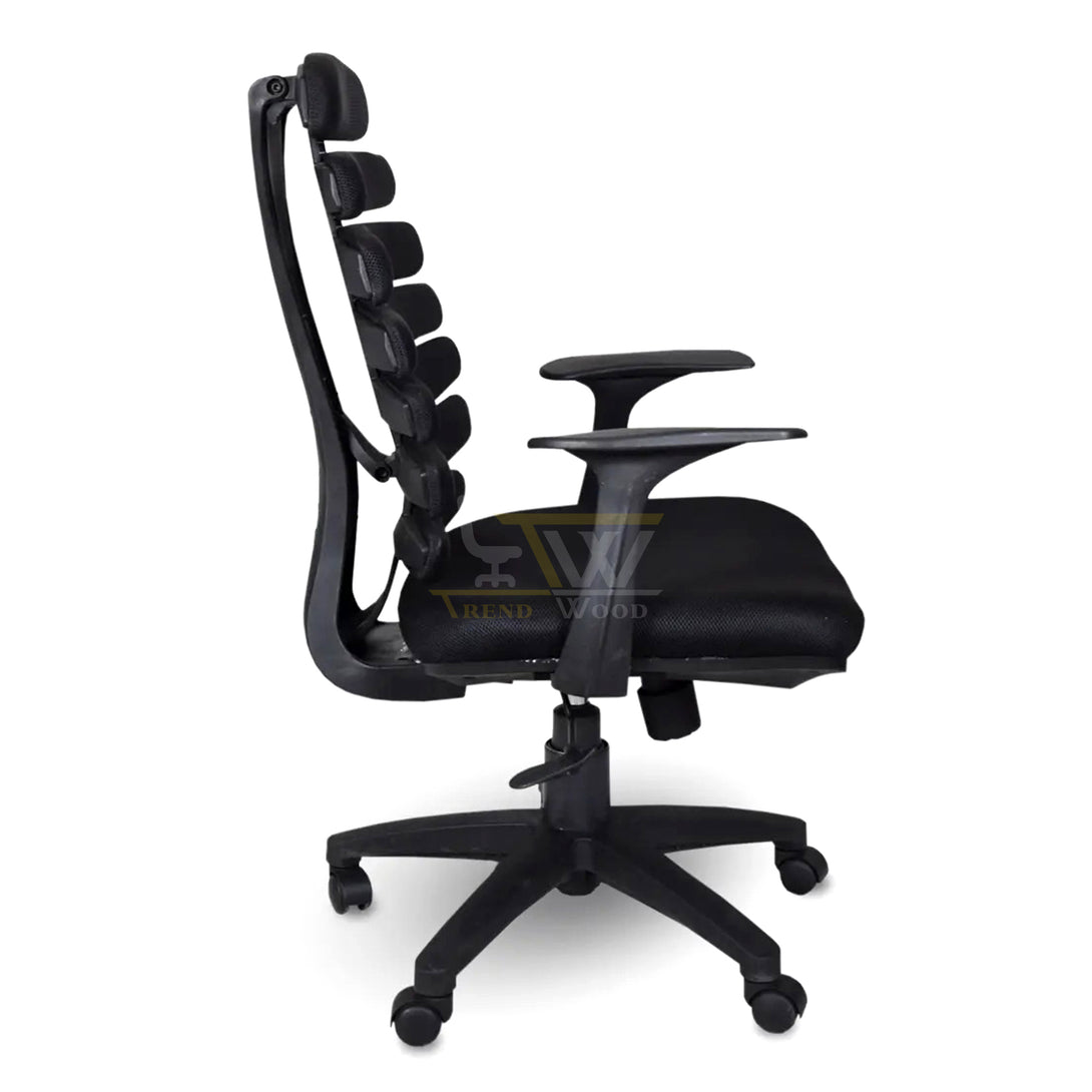 Durable and comfortable visitor chair with contoured black fabric seat by Trendwood.