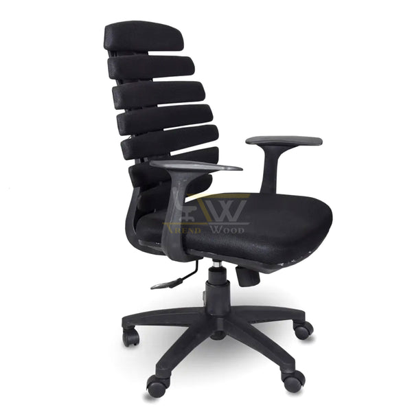 Ergonomic black staff chair with breathable mesh backrest for office use in Pakistan.