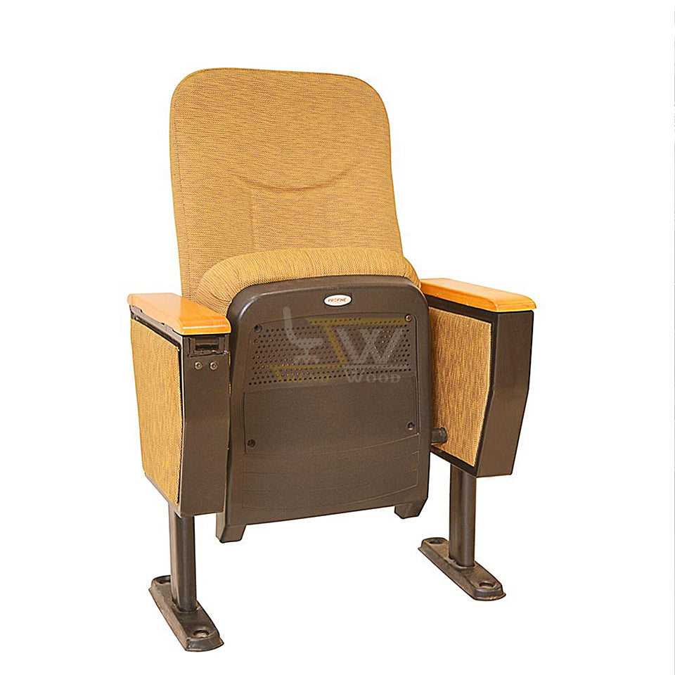 Elegant auditorium chair with wooden armrests and breathable back support