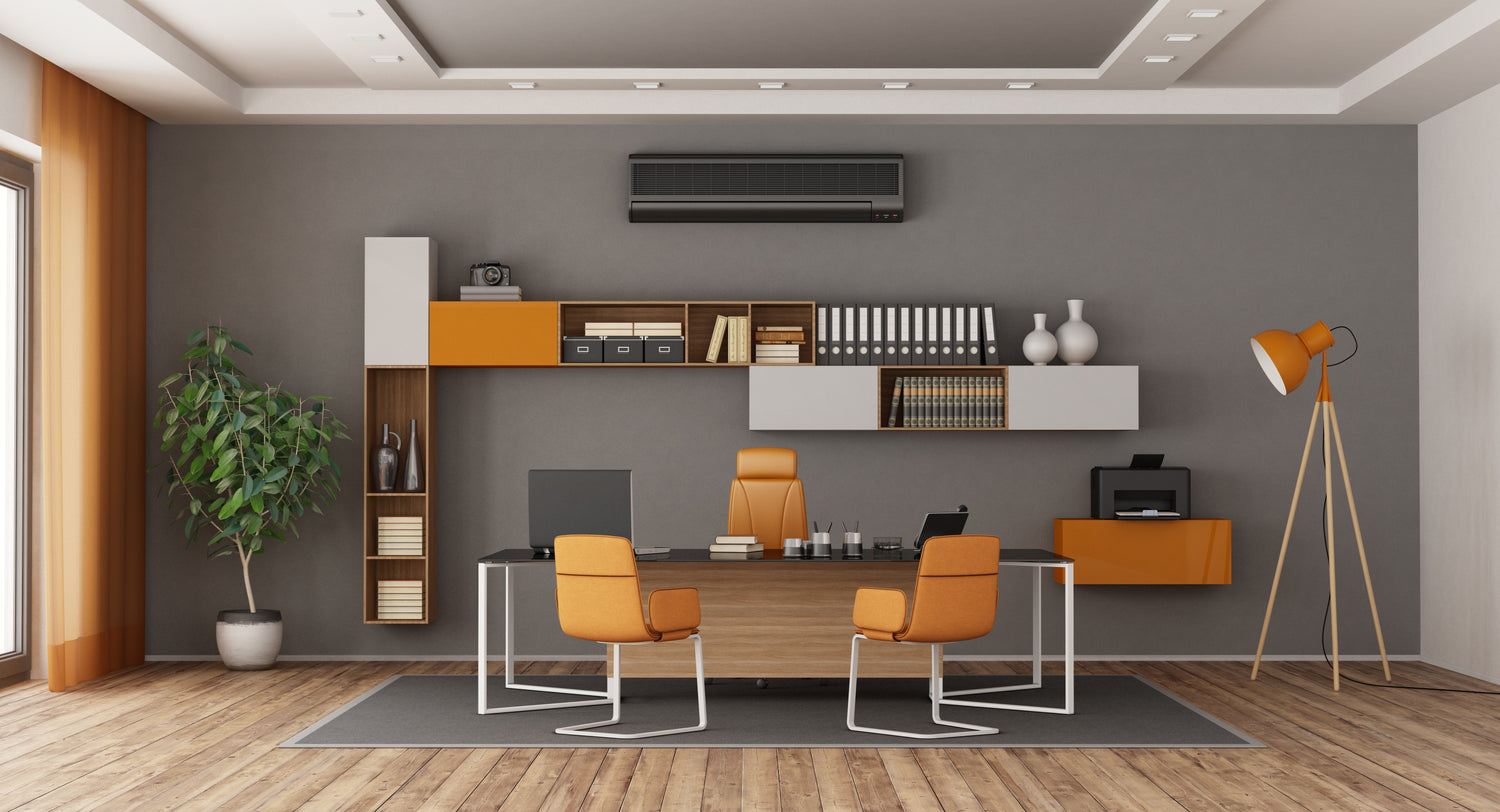 Contemporary Orange Executive Office Chairs and Wooden Desk Set in a Modern Workspace Environment
