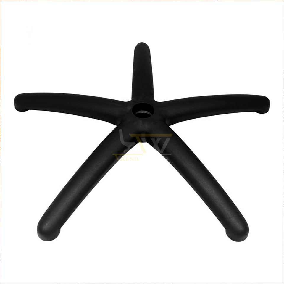 Five-spoke office chair base made of durable black nylon, viewed from the top angle, suitable for ergonomic seating support.