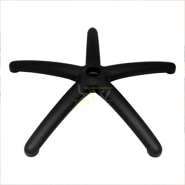 Five-spoke office chair base made of durable black nylon, viewed from the top angle, suitable for ergonomic seating support.